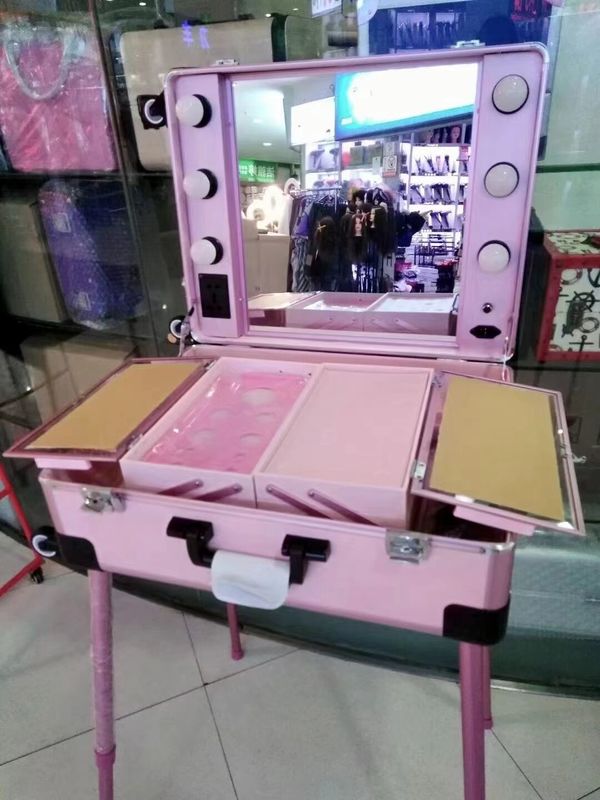 กล่องแต่งหน้า ขายืนปรับได้ กระเป๋าเดินทางหนัก กระจกแสง Led กระจกเครื่องสําอาง กล่องแต่งหน้า 4 ล้อ
