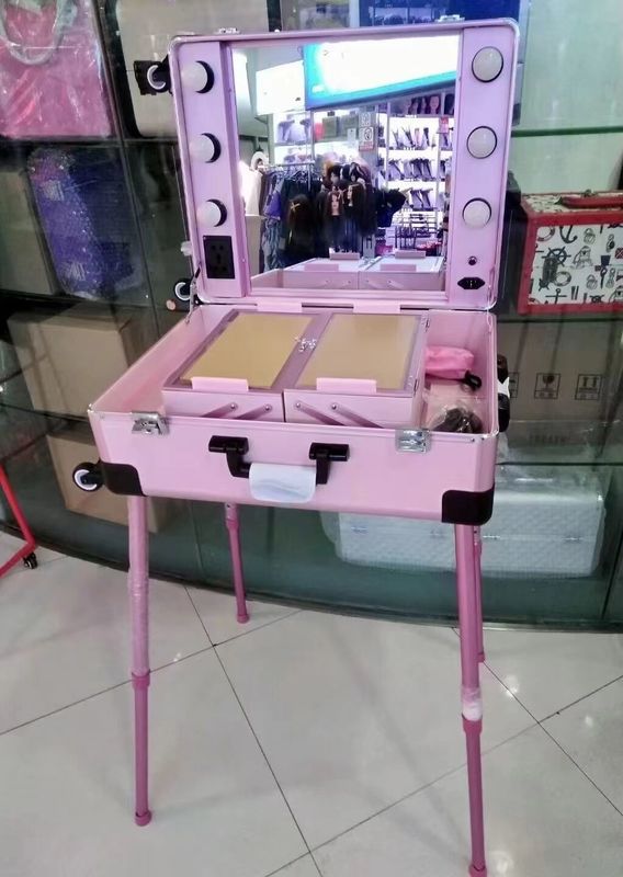 กล่องแต่งหน้า ขายืนปรับได้ กระเป๋าเดินทางหนัก กระจกแสง Led กระจกเครื่องสําอาง กล่องแต่งหน้า 4 ล้อ